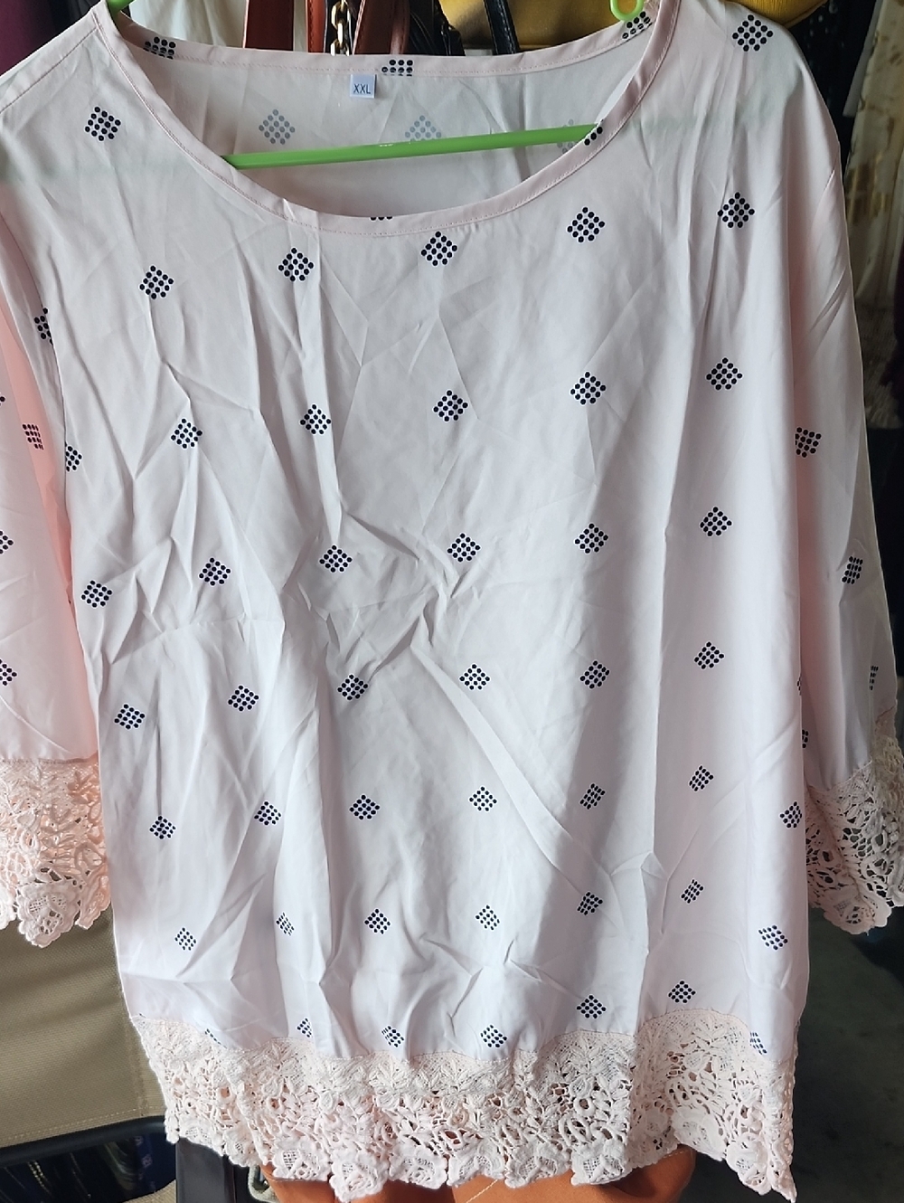 Light Pink Lace-Hem Blouse with Diamond Dot Print